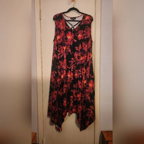 Sleeveless Asymmetrical Dress, Black with Vibrant Floral Design - Picture 2 of 9